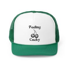 Test your luck with this Feeling Lucky Trucker Cap! .: Material: 100% polyester foam front with 100% nylon mesh weave back .: One size fits most (22.8"/58cm) .: Colors include Black & Green .: Adjustable plastic snap closure .: Six row stitching on visor Trendy Green Trucker Hat For Sports, Fun Green Trucker Baseball Cap, Green Mesh Trucker Hat Baseball Cap, Green Mesh Trucker Hat, Retro Mesh Trucker Hat, Green 5-panel Trucker Hat With Letter Print, Sporty Green 5-panel Trucker Hat, Von Dutch Trucker Hats, Military Green Trucker Hat