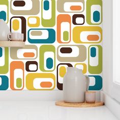 an abstract wallpaper design with circles and rectangles in shades of orange, yellow, green, brown, and white