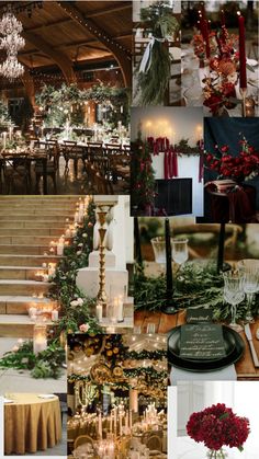 a collage of photos with candles, flowers and greenery on the table in front of stairs