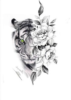 a drawing of a tiger with flowers on it's chest and eyes, in black and white