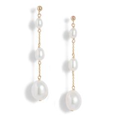 Dreamy drops of pearls give that perfect vintage era glam. These earrings add sophistication and elegance to any neckline.  DETAILS: This piece is handcrafted locally in Vancouver.  14-karat gold Height 2" Freshwater cultured pearls / oval shape /4-8mm In stock (ships in 1-2 days) Neckline Details, Freshwater Cultured Pearls, Precious Gems, Cultured Pearls, Ring Necklace, Oval Shape, Ring Earrings, Anklets, Necklaces Bracelets