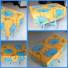 four pictures of an upcycled table with blue flowers on it and yellow background