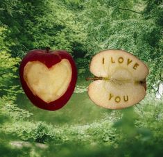 an apple cut in half with the word i love you written on it next to an apple