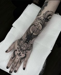 a woman's arm with tattoos on it and her hand in the middle of the photo