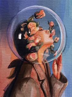 a painting of a woman with flowers in her hair looking up at the sky through a bubble