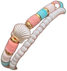 two bracelets with seashell charms on them, one in white and the other in pink