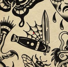 an artistic tattoo design with scissors and other items on the background, including dragon tattoos