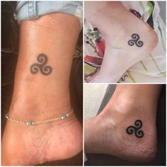 four different tattoos on the legs and feet, one with an omen symbol in black ink