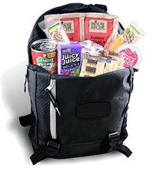 a back pack filled with food and snacks