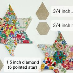 three star shaped paper ornaments are shown with measurements