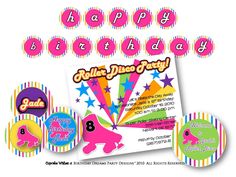 a birthday party flyer with buttons and stickers on the front, including an image of a