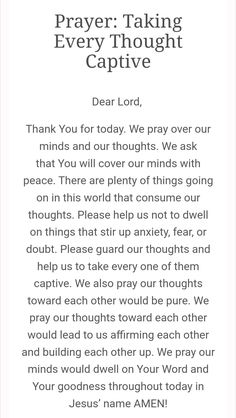 a prayer card with the words prayer taking every thought captive