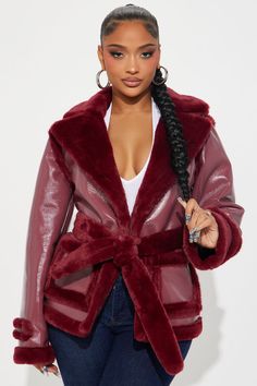 Available In Burgundy. Coat Lapel Collar Long Sleeve Faux Leather Shearling Belted Fully Lined Shell/Coating: 100% Polyurethane With 100% Polyester Backing/Faux Fur: 100% Polyester Imported California Proposition 65 WARNING: Cancer and Reproductive Harm - www.P65Warnings.ca.gov. | Waiting Games Shearling Coat in Burgundy size Large by Fashion Nova Christmas Fashion Outfits, Burgundy Coat, Burgundy Fashion, Shearling Coat, Christmas Fashion, Fashion Killa, Lapel Collar, Casual Jacket, Fashion Nova