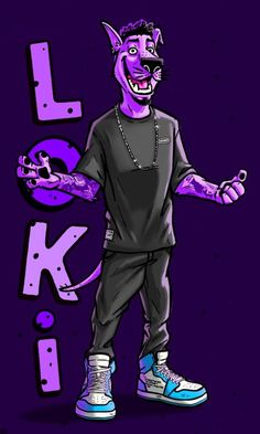 a drawing of a man with purple paint on his face and hands, wearing sneakers