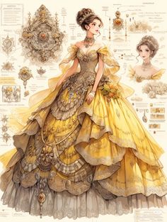 a drawing of a woman in a yellow dress with many other items around her neck