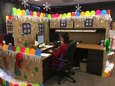 an office cubicle decorated with christmas decorations