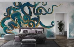 Giant Octopus Wallpaper Mural for home decor Gold Tone Wallpaper, Octopus Mural, Octopus Wallpaper, Blue And Gold Wallpaper, Giant Octopus, Tapete Gold, Dark Blue Wallpaper, Gold Framed Mirror, Normal Wallpaper