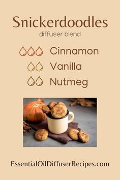 The Snickerdoodle essential oil diffuser blend contains cinnamon, vanilla, and nutmeg essential oils. Essential Oil Recipes Vanilla, Vanilla Essential Oil Blends Diffuser, Cookie Diffuser Blend, Essential Oil Cinnamon Blends, Cinnamon Diffuser Blends, Vanilla Cinnamon Essential Oil Blends, Simmer Pots, Nutmeg Essential Oil