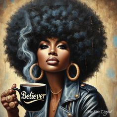 Elevate your space with this stunning and empowering art print featuring an African American woman with a bold afro, holding a coffee mug that says 'Believer.' This piece embodies strength, confidence, and elegance, making it the perfect addition to any modern home or office decor. Whether you're looking to inspire yourself daily or to give a meaningful gift to someone special, this artwork will make a powerful statement. Ideal for those who appreciate afrocentric art, this print serves as a rem Powerful Black Women Art, Woman With Afro, Woman Wall Art, Art Noir, Ethnic Decor, Afrocentric Art, Art For Living Room, Afro Women, American Woman