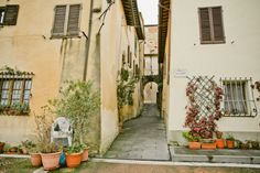 an alleyway between two buildings with potted plants