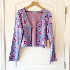 Sweet Rain Purple Floral Chain Closure Cardigan Clueless Y2k Nwt Front Chain Closure Long Sleeves Size Large Laying Flat: Length 18in Pit To Pit 19in Sleeves 25in 90’s, Spice Girls, Clueless, Y2k, 2000’s, Colorful, Floral, Feminine, Cher Sweet Rain, Spice Girls, Clueless, Purple Floral, Sweater Outfits, Sweaters & Cardigans, Sweaters For Women, Long Sleeves, Women Accessories