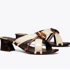 Tory Burch Gorgeous Sandals In Creme And A Tortoise Resin Disk Woven On To Crisscross Straps. New In Box Shoe Bag Included Beautiful! Size 8.5 Tory Burch Mules, Designer Sandals Flat, Flat Platform Sandals, Pink Mules, Heeled Mule, Fashion Shoes Sandals, Miller Sandal, Clogs Style, Heeled Mules Sandals