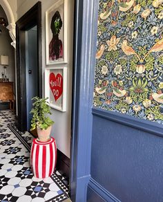 a potted plant sitting on top of a red and white floor next to a doorway