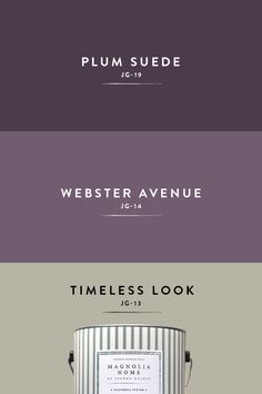 four different colors of paint with the words plum suede, webster avenue and timeless look