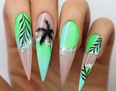 Beach Nails Stiletto, Nail Art Fluo Summer, Tropical Nail Art Hawaii, Palm Tree Nails Design, Mexico Vacation Nails, Stiletto Nails Designs Summer, Trees Nails, Jamaica Nails, Summer Stiletto Nails