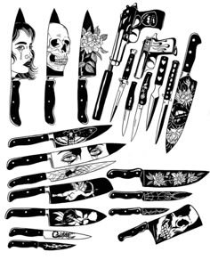 a bunch of knives that are on top of a white surface with black and white images