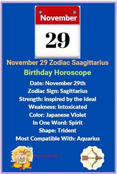 a poster for the 29th zodiac sagitrus birthday horoscope