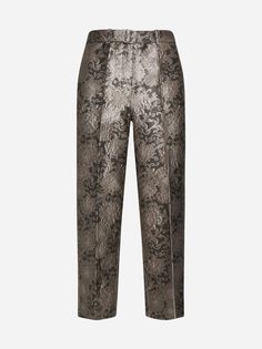 Max Mara S' Elio trousers in silk blend floral lame' jacquard in shades of pearl grey featuring matching waist belt with square buckle, concealed hook and zip fattening, side pockets and wide, straight slightly cropped leg with ironed crease. Composition: 85% polyester 8% metallic fibers 7% silk Silver Elegant Evening Bottoms, Elegant Fitted Silver Bottoms, Chic Spring Jacquard Bottoms, Elegant Jacquard Bottoms For Spring, Chic Jacquard Bottoms For Spring, Spring Chic Jacquard Bottoms, Elegant Silver Pants For Evening, Elegant Fitted Silver Pants, Elegant Silver Fitted Pants