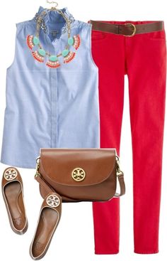 spring Fashion Youtubers, Fashion Australia, Rhinestone Shirts, Quoi Porter, Fashion Queen, Red Pants, Boutique Fashion, Looks Chic, Chambray Shirt