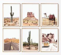 four pictures of desert scenes with camels and cacti