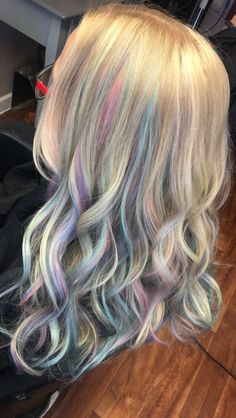 Blonde With Fashion Colors, Blonde Hair Pastel Highlights, Blonde Hair With Pastel Highlights, Blonde With Rainbow Highlights, Colourful Hair Ideas For Blondes, Chloe Hairstyles, Blonde Hair With Color Underneath, Streaky Hair, Blonde Mermaid Hair