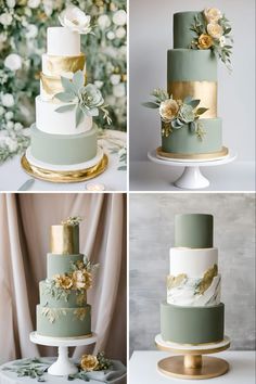 three different pictures of a wedding cake with gold and green flowers on top, the first photo is an elegantly decorated one