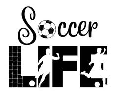 a soccer player kicking a ball with the words soccer off in black and white letters