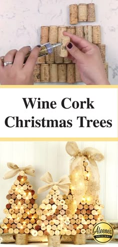 wine cork christmas trees with lights on them and the words, wine cork christmas trees