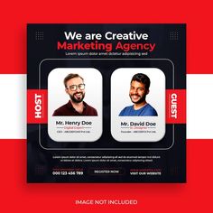 a flyer for a marketing company with two men on the front and one man on the back