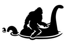 a bigfoot sitting on top of a surfboard next to the word sasquat