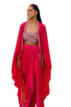 Rani pink draped pickup skirt. Paired with a star shot crystal embroidered bustier and embellished cape. - Aza Fashions Draped Skirt Pattern, Embroidered Bustier, Rani Pink, Draped Skirt, Skirt Pattern, Set For Women, Aza Fashion, Fashion Set, Skirt Set