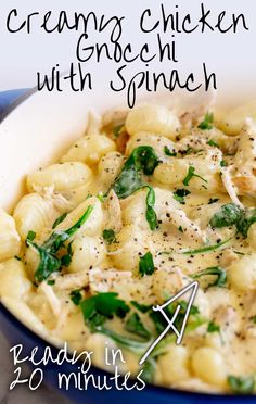 creamy chicken gnocchi with spinach and delicious cheese sauce in a blue bowl