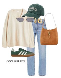 Dynamite Loose jeans H&M cream oversized sweater Adidas green Sambas Green LA hat Dezi sunglasses Mejuri gold earrings YSL Suede bag Cool Spring Day Outfit, Cool Girl Fits, Green Sambas, Staple Outfits, Cream Oversized Sweater, Warm Fits, Look Boho Chic, Look Jean