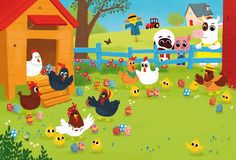 an animated farm scene with chickens, roosters and other animals in the grass next to a fence