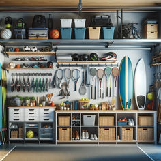 an organized garage with surfboards, tennis rackets and other sports equipment on shelves