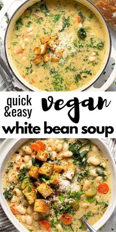 two bowls of vegan white bean soup with bread in the background and text overlay