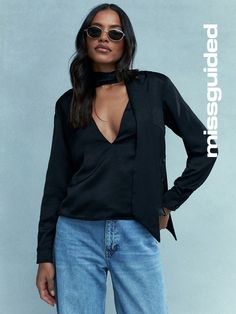 Black Elegant,Sexy Collar   Plain Top Embellished Non-Stretch  Women Clothing Casual V-neck Blouse For Going Out, Chic Solid V-neck Long Sleeve Top, Casual V-neck Blouse For Night Out, Trendy Long Sleeve Blouse For Night Out, V-neck Blouse For Going Out In Fall, Long Sleeve Shirt For Date Night In Fall, Chic Long Sleeve V-neck Top For Layering, Solid V-neck Shirt For Night Out, Chic V-neck Blouse For Layering