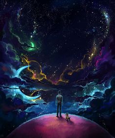 a man standing on top of a hill next to a dog under a sky filled with stars