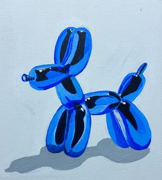 a painting of a blue balloon dog on a white background with black spots and shadows