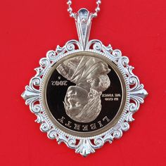 "You are looking at a gorgeous 925 sterling silver necklace, set with an authentic United States 2000 ~ 2008 Native American Sacagawea Dollar Gem Proof Coin, mint marked \"S\". Please pick a year date from pull-down menu. Let me know if you prefer OBVERSE showing in front. The coin is set with backside 4-prong, so you can see both sides of the coin. The pendant is well designed with western style scrolls, made of solid 925 sterling silver, and about 1.85\" (47mm) x 1.56\"(39mm). It comes with a Stamped 925 Medallion Necklace For Anniversary, Custom Silver Medallion Necklace As Gift, Custom Silver Medallion Necklace For Gift, Silver Medallion Custom Necklace For Gift, Elegant Silver Medallion Custom Necklace, Elegant Silver Jewelry For Commemoration, Nickel Free Silver Custom Necklace For Anniversary, Silver Coin Pendant Jewelry For Anniversary, Classic Silver Necklace For Commemoration